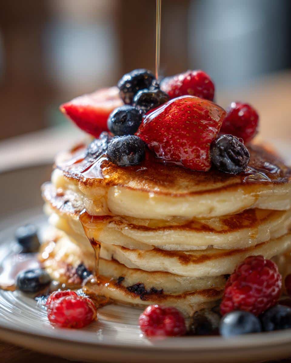A stack of fluffy scrambled pancakes topped with fresh strawberries, blueberries, raspberries, and drizzled with syrup.