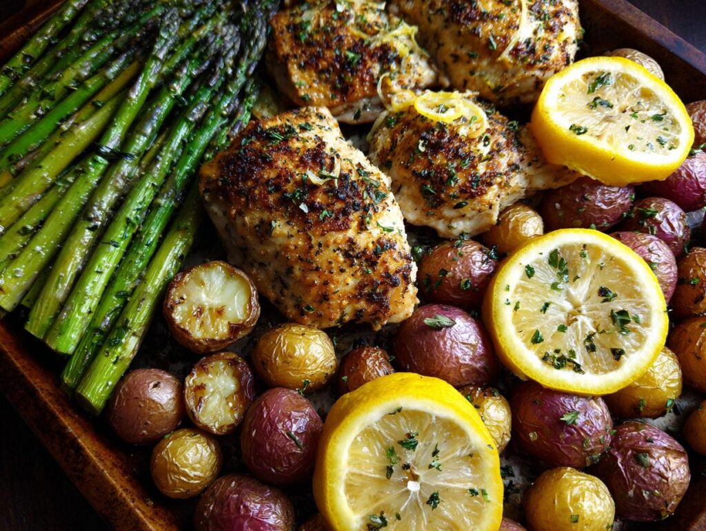 A delicious sheet pan dinner with lemon herb chicken, roasted potatoes, and asparagus, perfect for easy weeknight dinners.
