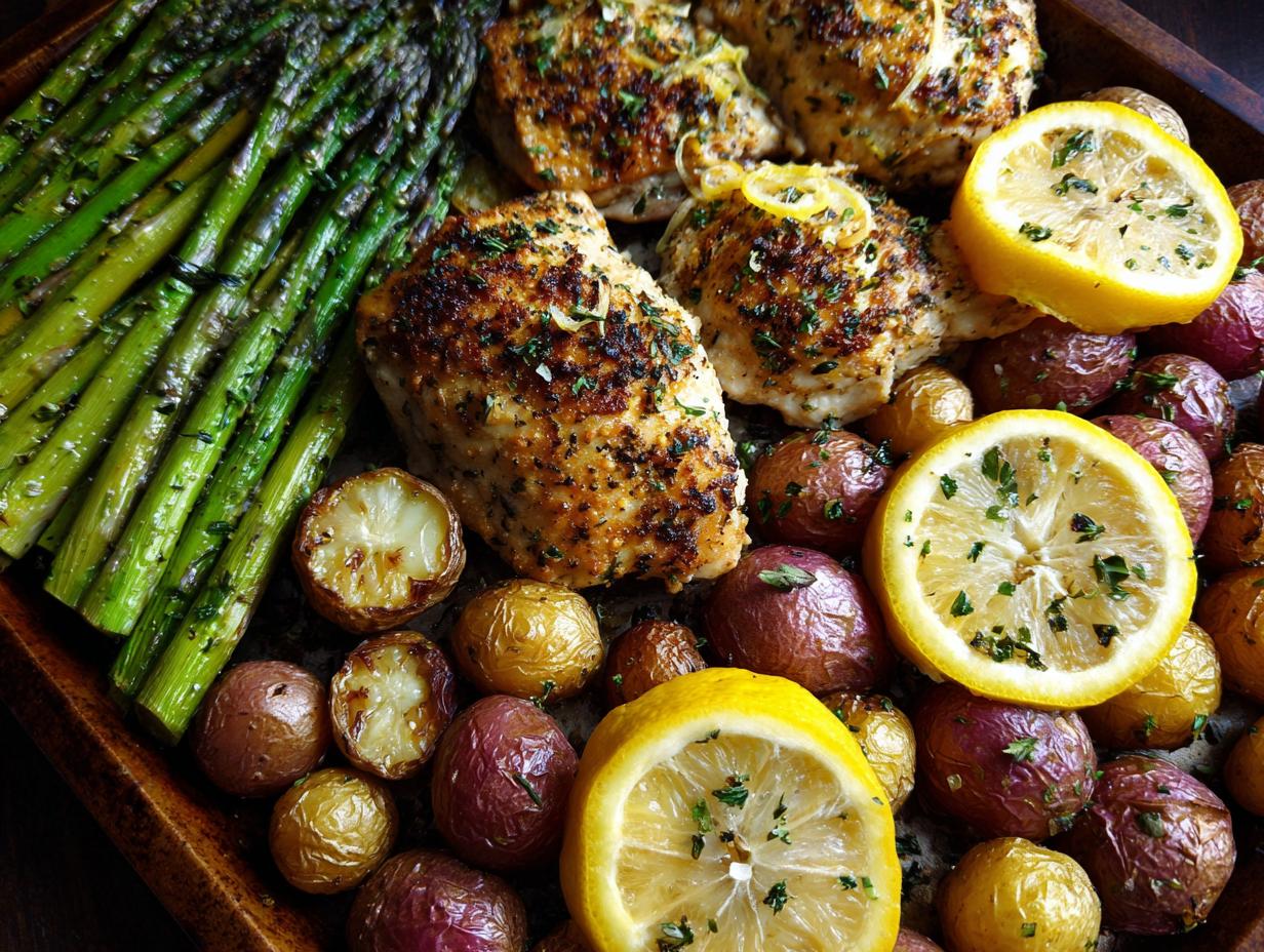 A delicious sheet pan dinner with lemon herb chicken, roasted potatoes, and asparagus, perfect for easy weeknight dinners.