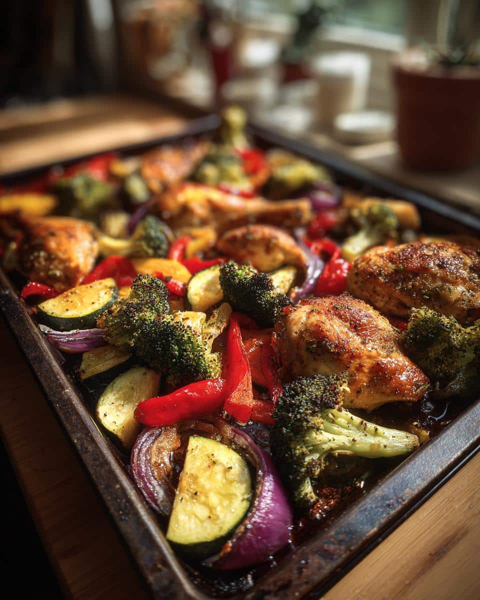 A colorful sheet pan filled with roasted chicken pieces, broccoli, bell peppers, zucchini, and red onion, showcasing healthy family dinner ideas.