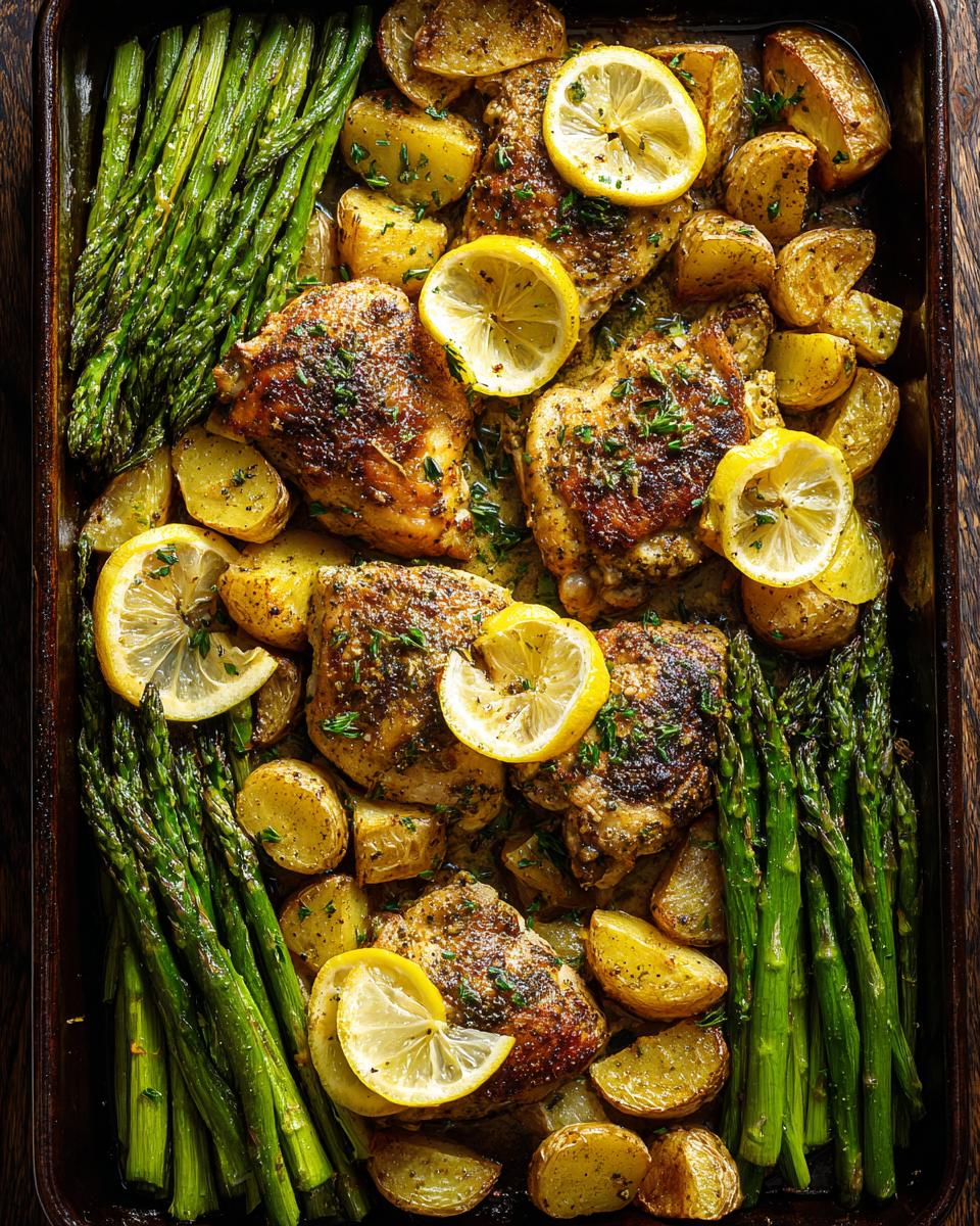 Overhead view of a sheet pan dinner with lemon herb chicken, roasted potatoes, and asparagus, perfect for easy weeknight dinners.
