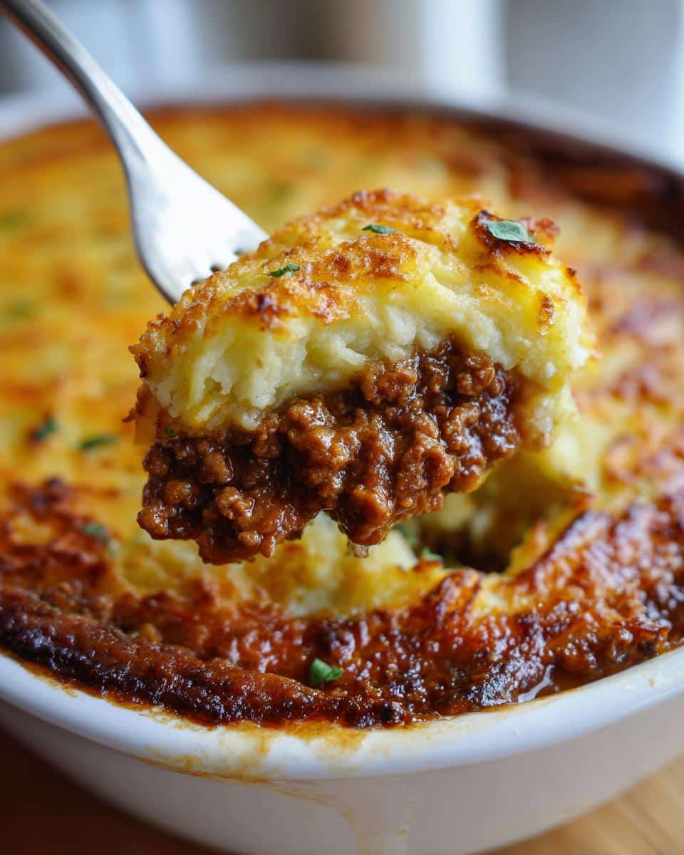 A fork lifting a generous portion of Shepherd's Pie, revealing layers of savory ground meat and creamy mashed potatoes. This is a classic comfort food recipe.