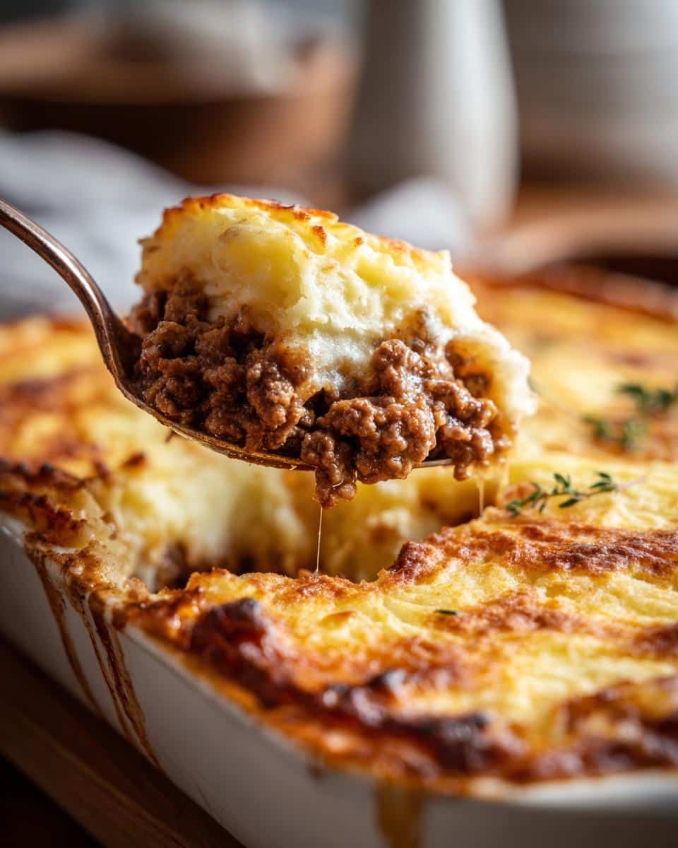 A spoonful of delicious Shepherd's Pie, a classic comfort food recipe, with rich meat filling and creamy mashed potato topping.