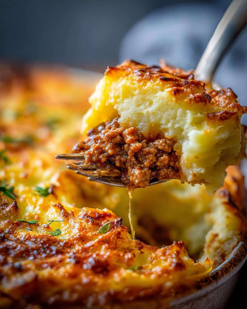 A fork lifting a portion of Shepherd's Pie, revealing a rich meat filling topped with golden mashed potatoes.