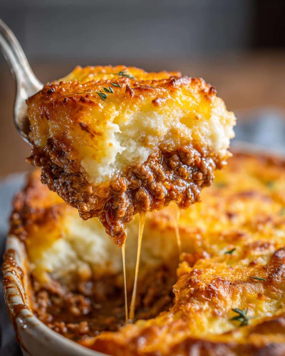 A serving spoon lifts a portion of Shepherd's Pie, revealing a rich meat filling and cheesy mashed potato topping, a perfect comfort food recipe.
