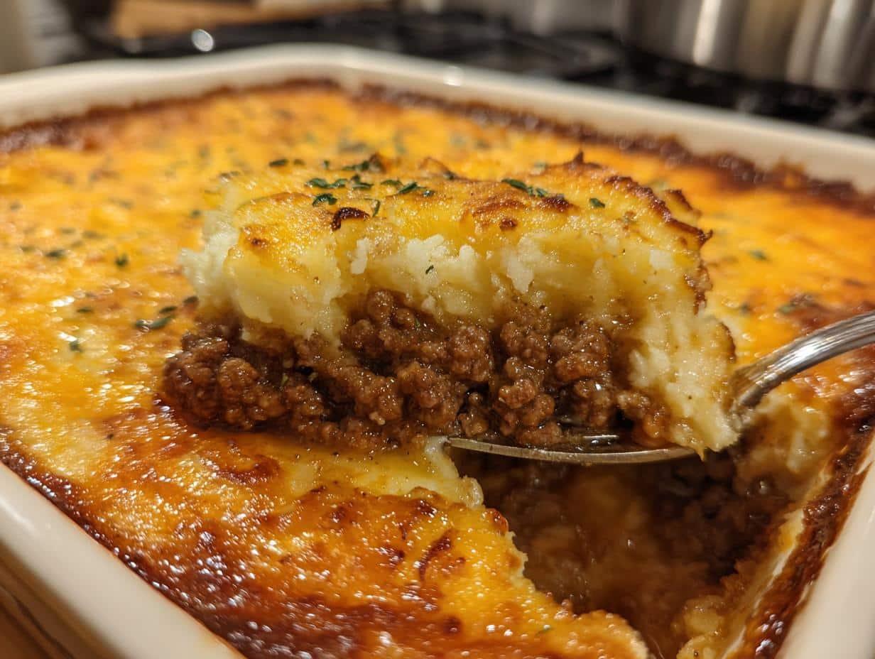 A close-up of a serving spoon lifting a portion of Shepherd's Pie, revealing layers of seasoned ground meat and mashed potatoes.