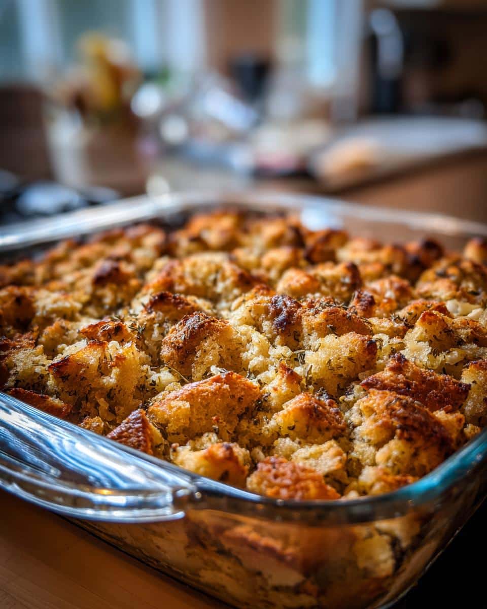 Golden brown simple chicken stuffing for beginners baked in a glass dish, with visible herbs.