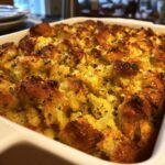 Close-up of a golden-brown baked simple chicken stuffing for beginners in a white baking dish, sprinkled with herbs.