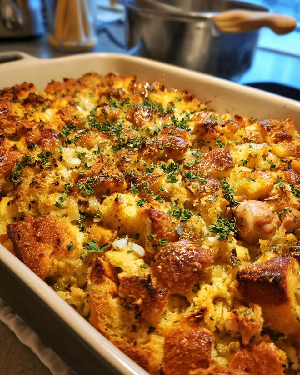 Golden brown baked simple chicken stuffing for beginners in a baking dish, topped with fresh parsley.