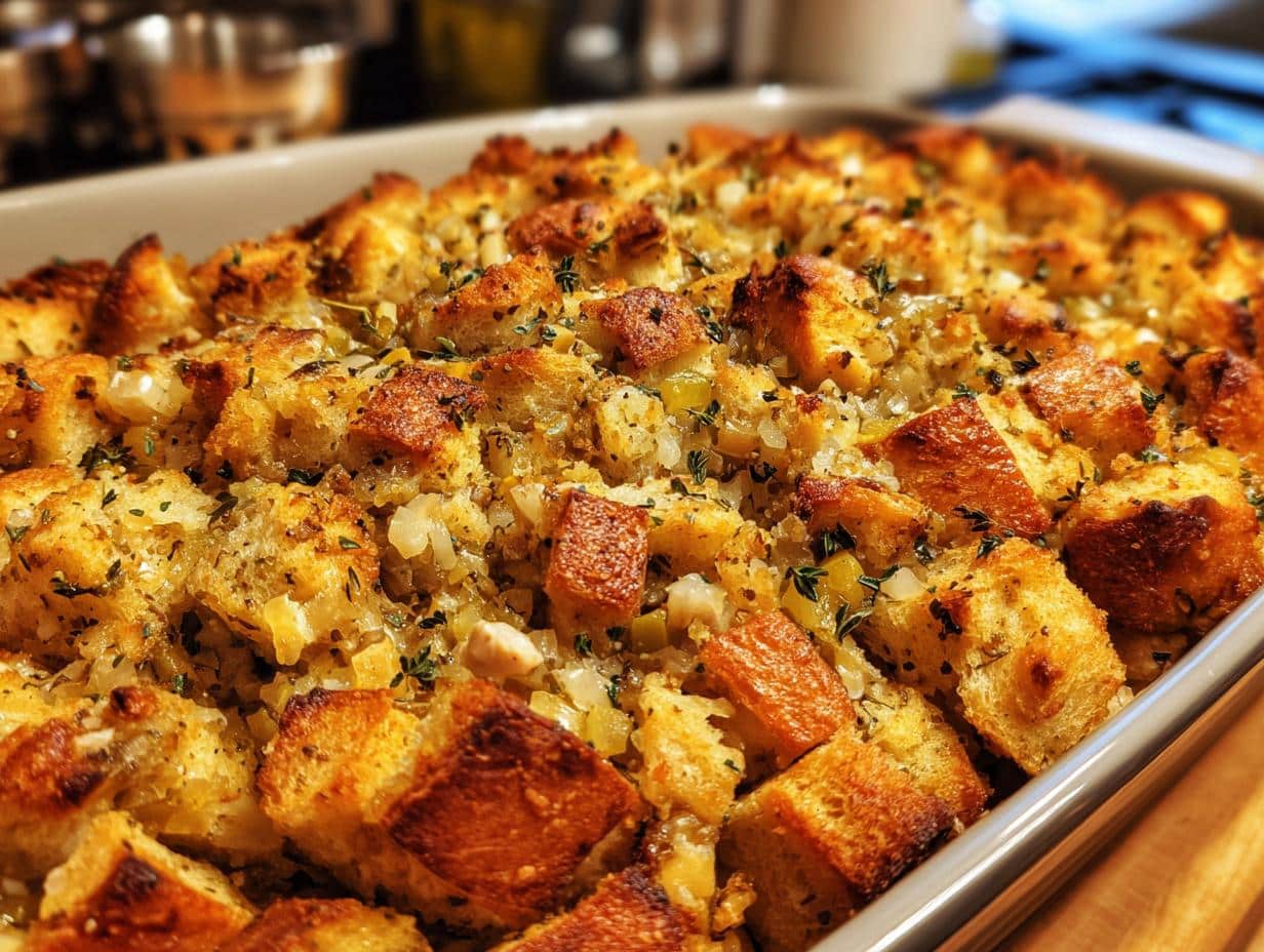 Close-up of a golden-brown simple chicken stuffing for beginners in a baking dish, topped with herbs.