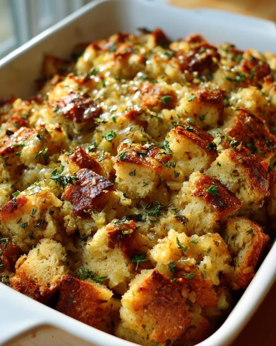 Close-up of a baking dish filled with golden-brown simple chicken stuffing for beginners, garnished with fresh herbs.