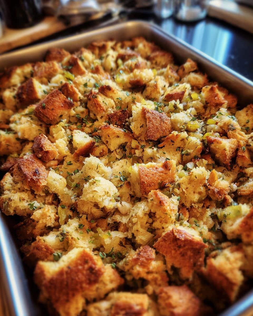 Close-up of a baking pan filled with golden brown simple chicken stuffing for beginners, topped with herbs.