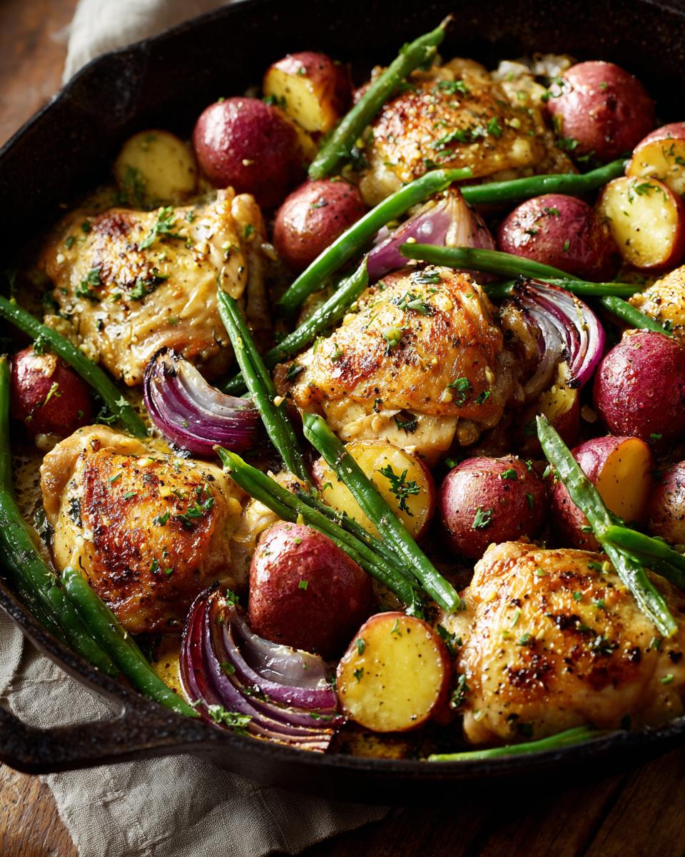 A close-up of a cast-iron skillet filled with a simple one pot meal: golden-brown chicken thighs, red potatoes, green beans, and red onion wedges.