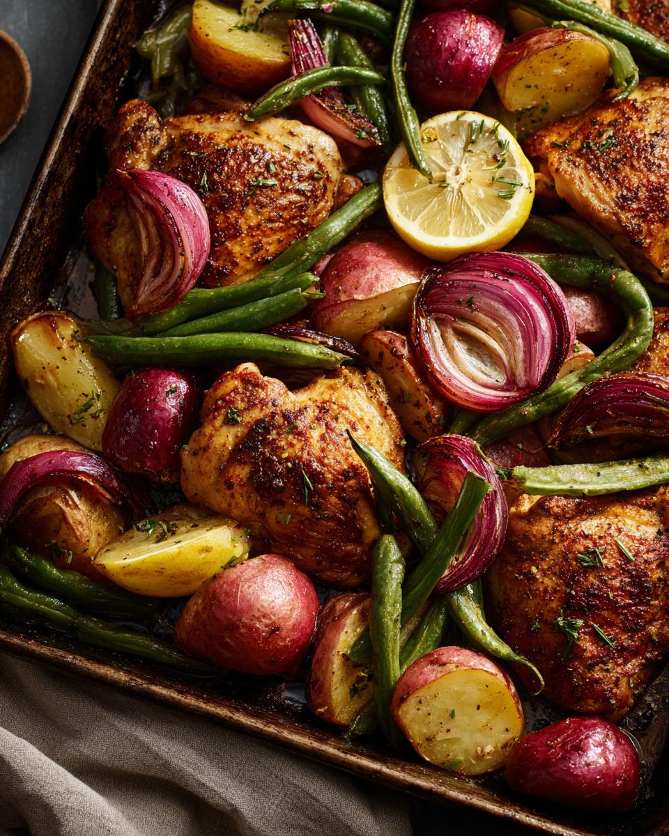 A close-up of a sheet pan dinner featuring roasted chicken thighs, red potatoes, green beans, red onions, and lemon slices, showcasing simple one pot meals.