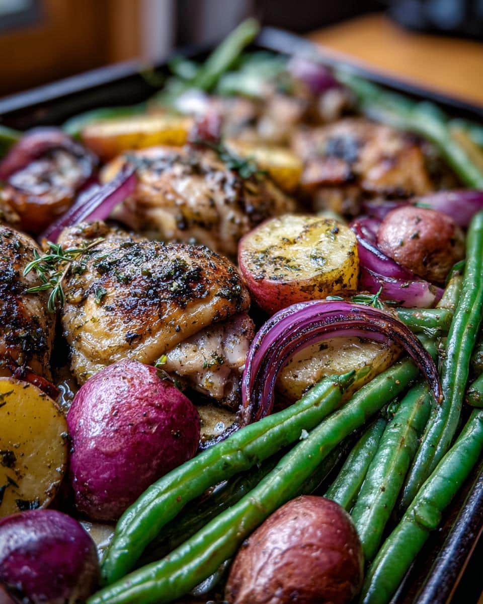 Close-up of a simple one pot meal featuring roasted chicken thighs, potatoes, red onions, and green beans.