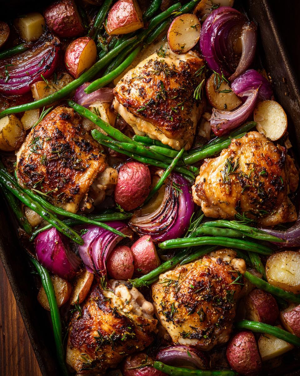 A close-up overhead view of a simple one pot meal featuring roasted chicken thighs, red potatoes, green beans, and red onions.