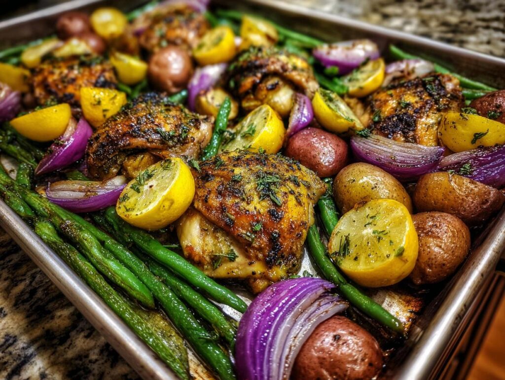A close-up of a simple one pot meal featuring roasted chicken thighs, baby potatoes, green beans, red onion, and lemon wedges.