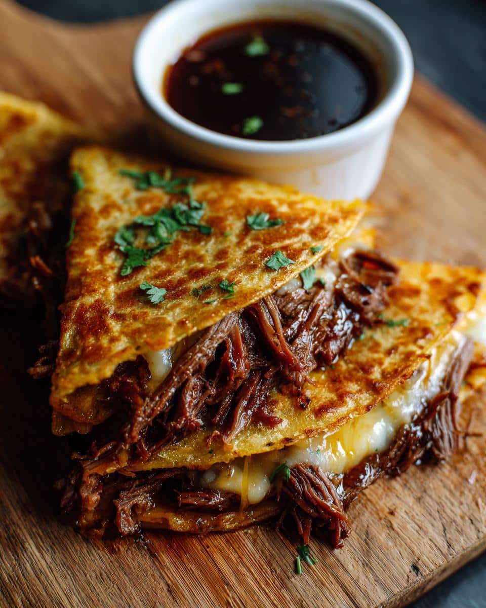 Close-up of cheesy slow cooker birria tacos stacked on a wooden board with a side of consommé.