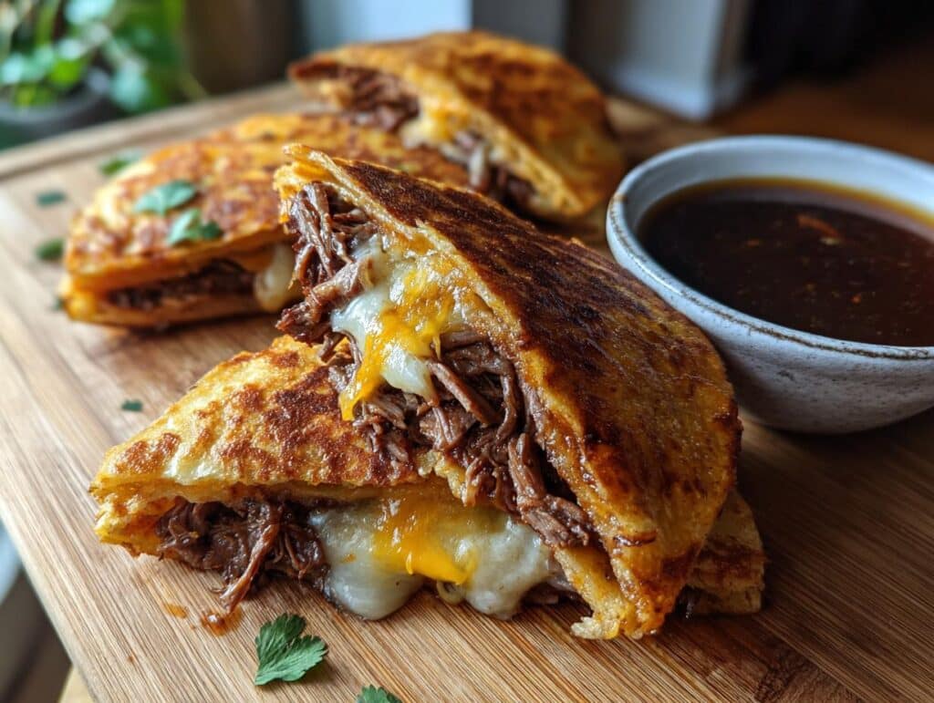 Close-up of cheesy slow cooker birria tacos, filled with shredded beef and served with a side of consommé.