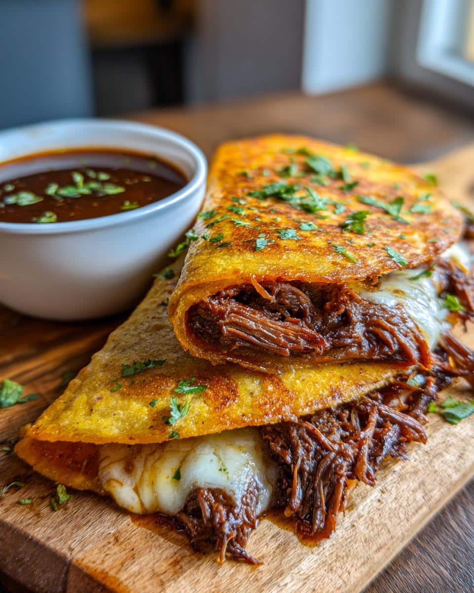 Close-up of cheesy slow cooker birria tacos, stuffed with shredded beef and served with a side of rich consommé.