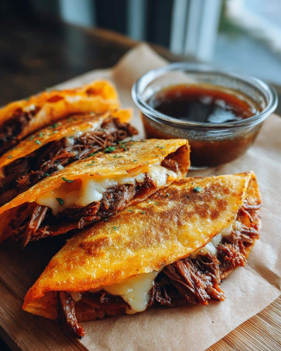 Close-up of cheesy slow cooker birria tacos filled with shredded beef, served with a side of consommé.
