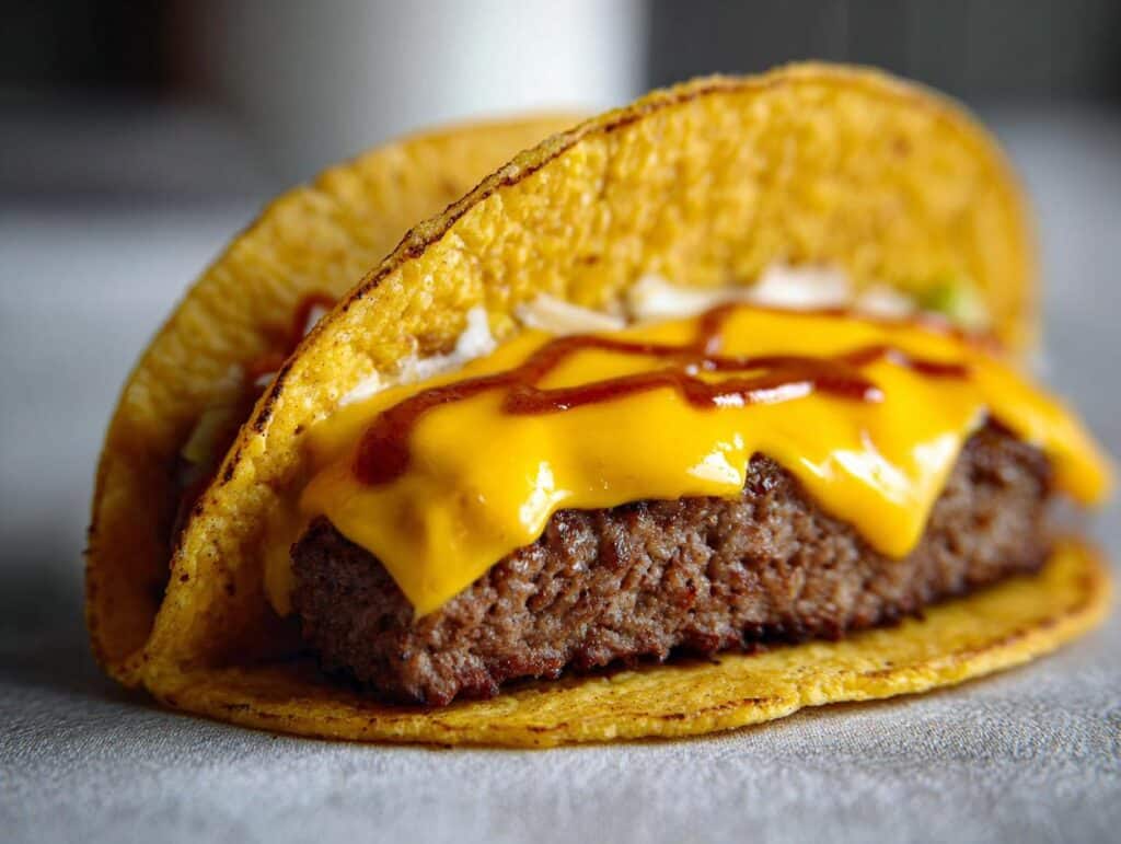 Close-up of a Smashburger Taco with a juicy beef patty, melted cheddar cheese, and a drizzle of ketchup.