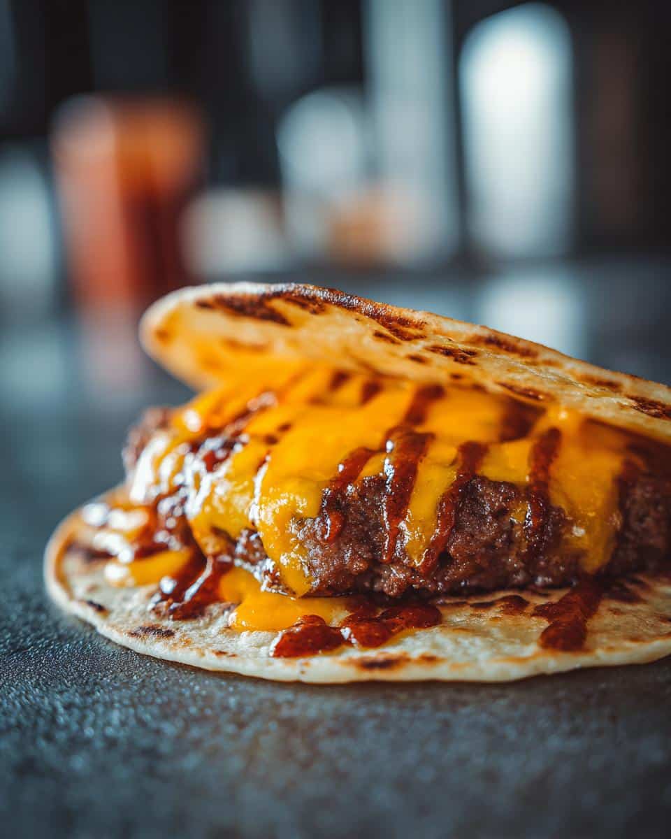 Close-up of a delicious Smashburger Taco with a juicy beef patty, melted cheddar cheese, and a drizzle of sauce on a warm tortilla.