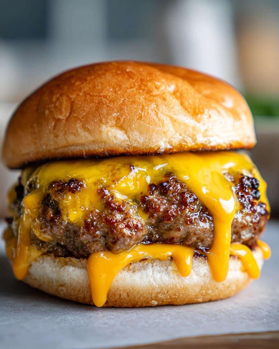 Close-up of a delicious Smashburger Taco with a perfectly toasted bun and gooey melted cheese.