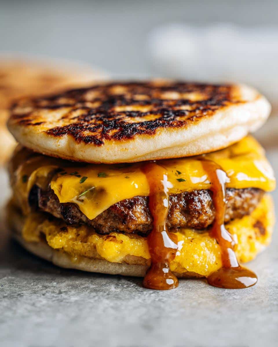 Close-up of a delicious Smashburger Tacos with double patties, melted cheese, and sauce dripping.