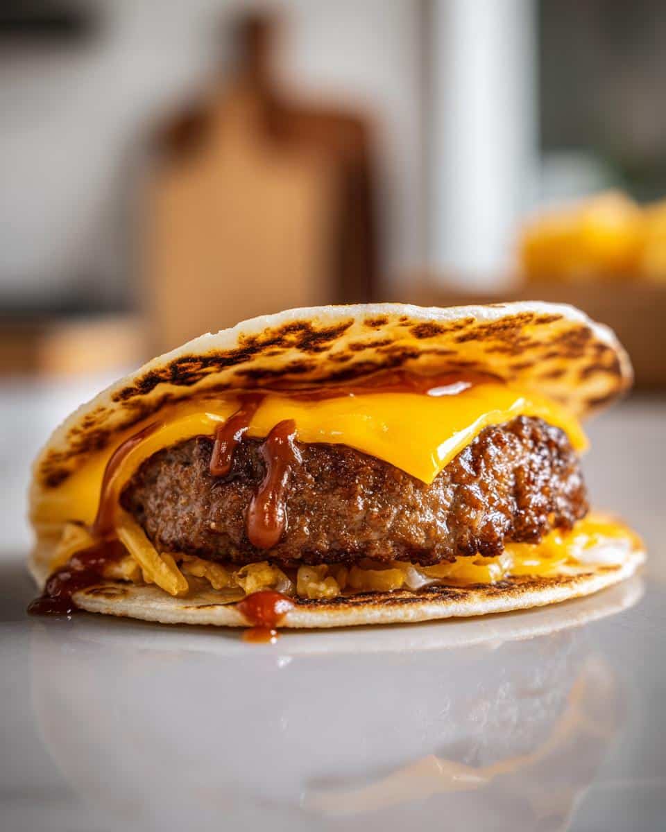 Close-up of a delicious Smashburger Taco, featuring a juicy burger patty, melted cheddar cheese, and a drizzle of sauce on a tortilla.