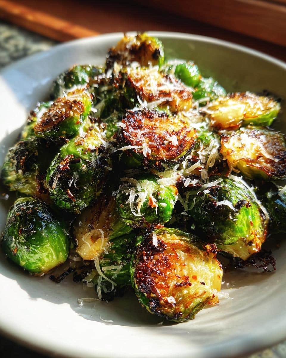 Close-up of crispy Smashed Brussels Sprouts topped with shredded Parmesan cheese.
