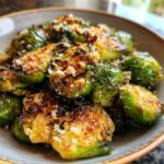 Close-up of crispy smashed Brussels sprouts topped with grated Parmesan cheese and seasonings.