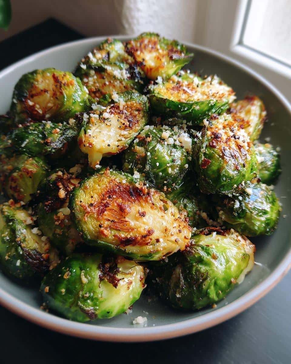 Close-up of a bowl filled with perfectly smashed Brussels sprouts, roasted to a crispy golden-brown and topped with Parmesan cheese.