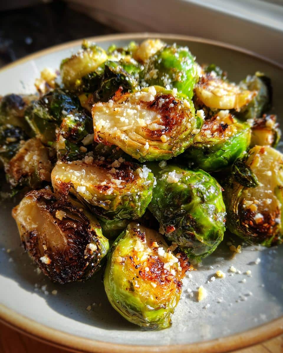 Close-up of perfectly smashed Brussels sprouts, roasted to a crispy brown and topped with grated Parmesan cheese.