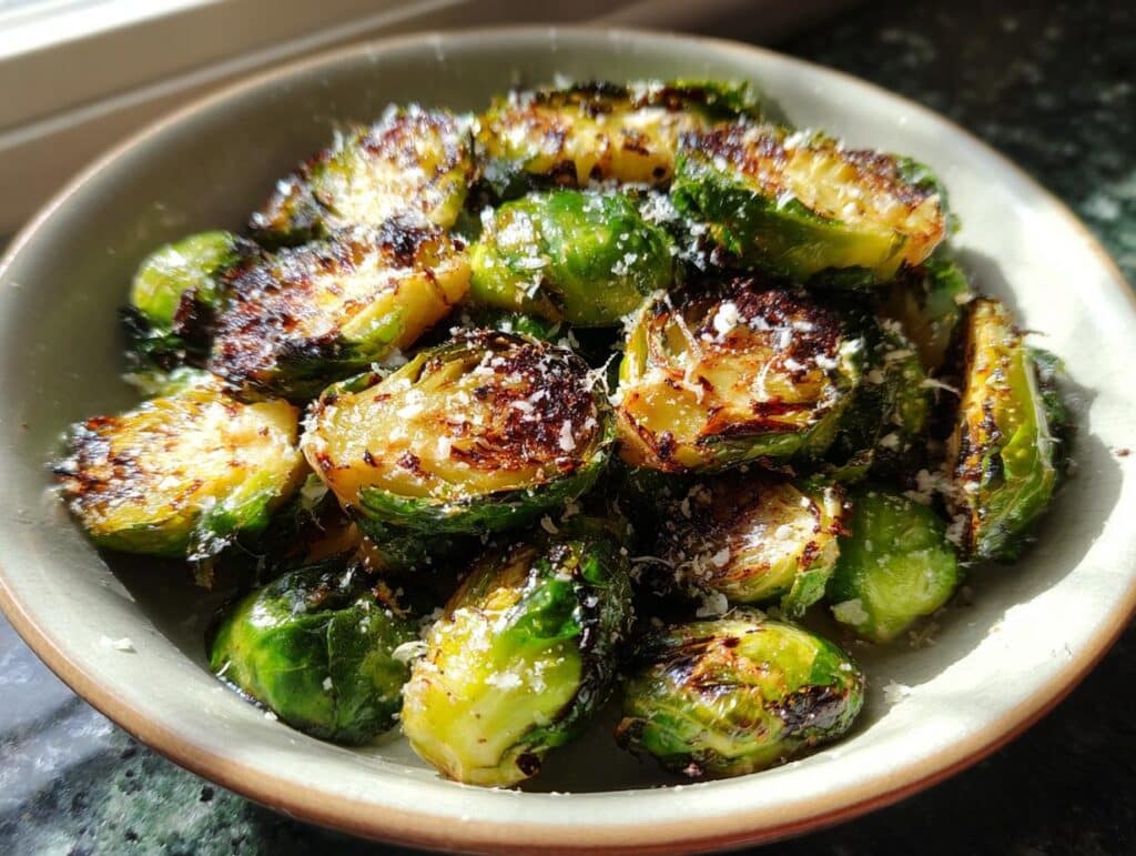 Close-up of crispy smashed Brussels sprouts, halved and roasted with Parmesan cheese.