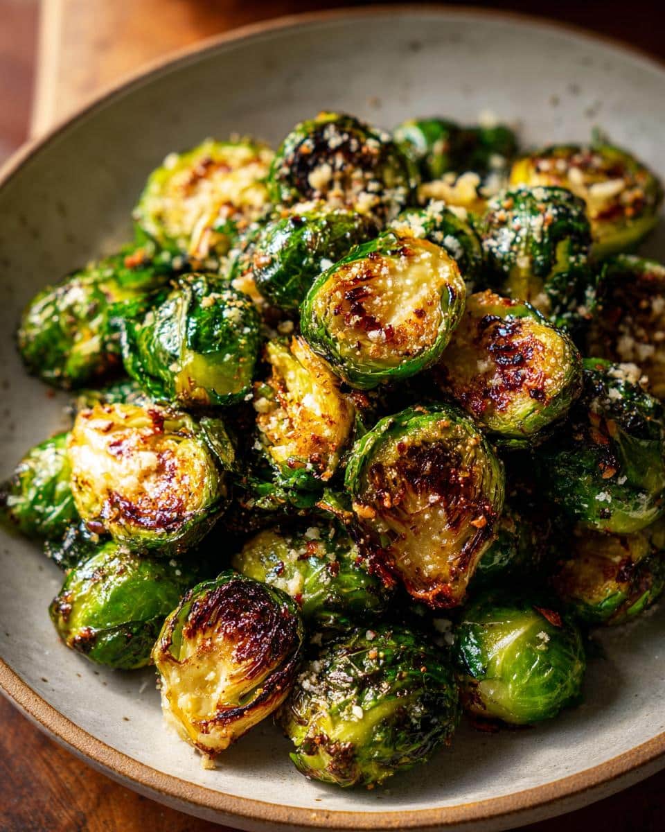 Close-up of a bowl filled with crispy smashed Brussels sprouts, sprinkled with Parmesan cheese.