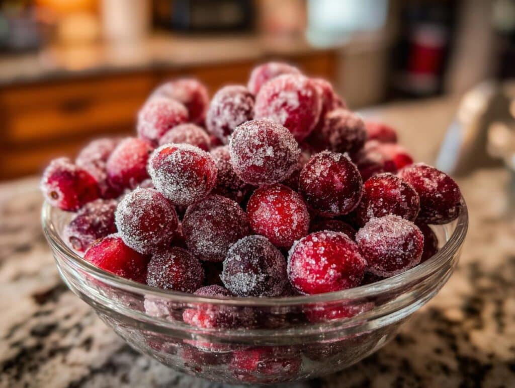 A close-up of a glass bowl filled with sparkling candied cranberries, coated in sugar.