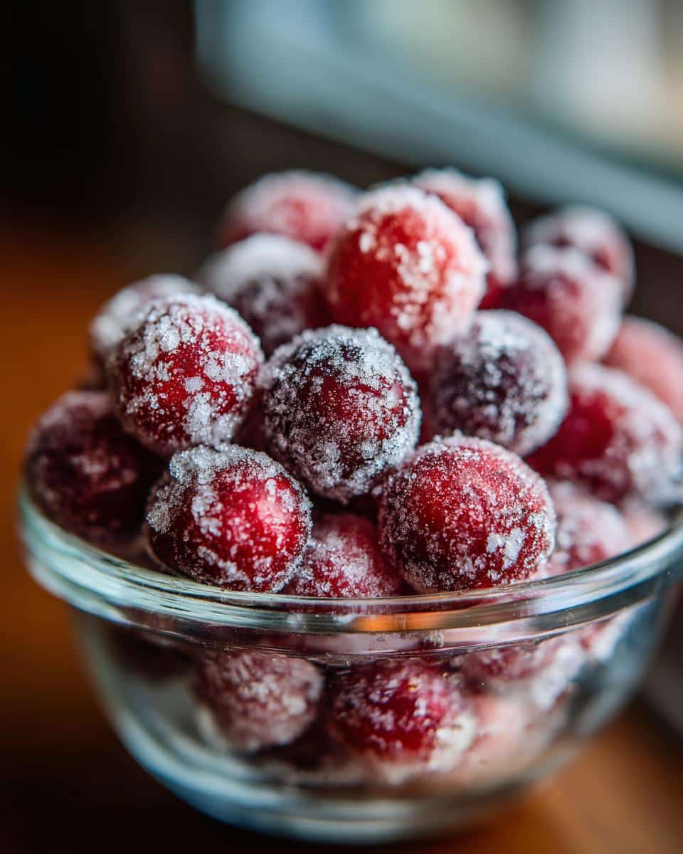 A close-up of a glass bowl filled with sparkling candied cranberries, coated in sugar.
