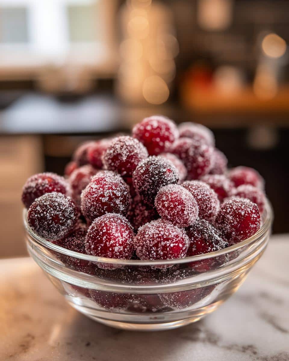 A clear glass bowl filled with sparkling candied cranberries, glistening with sugar crystals.