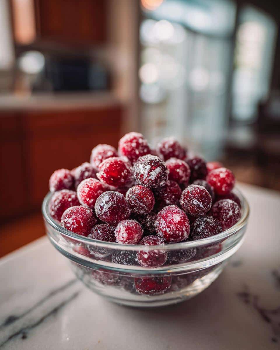 A clear glass bowl filled with glistening candied cranberries, dusted with sugar.