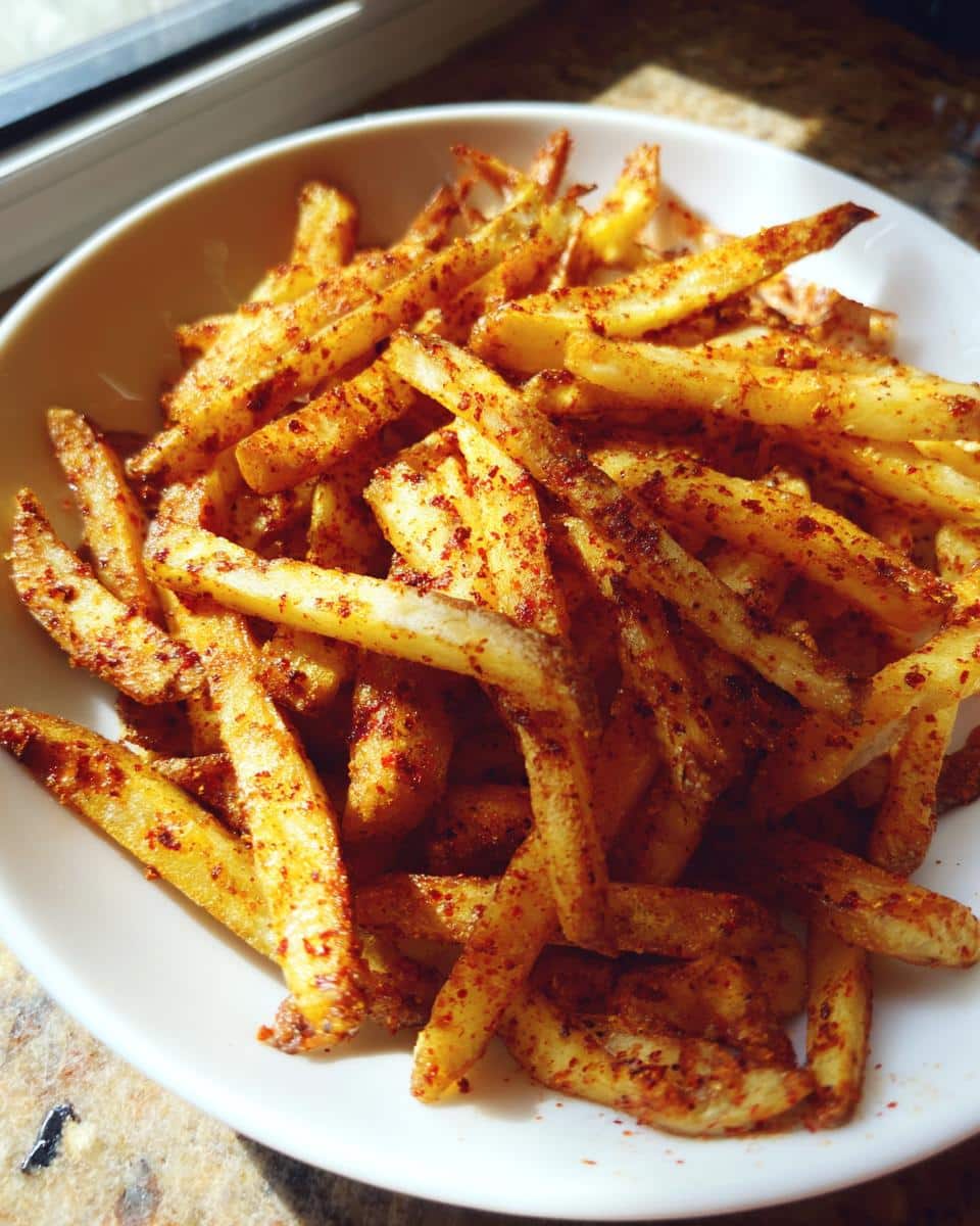 A bowl filled with golden brown spicy Cajun air fryer fries, seasoned with red and brown spices.