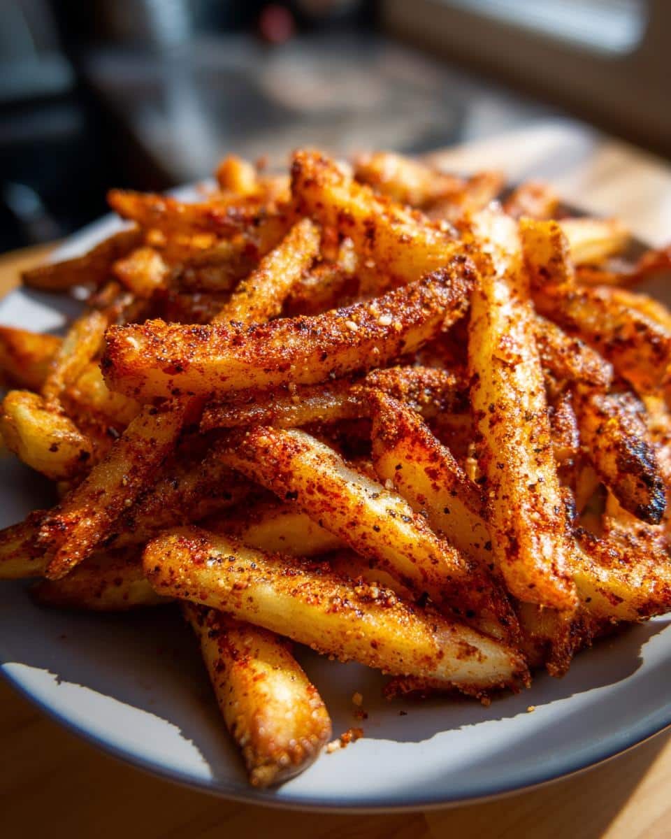A close-up, mouth-watering shot of a pile of golden spicy Cajun air fryer fries seasoned with a red spice blend.