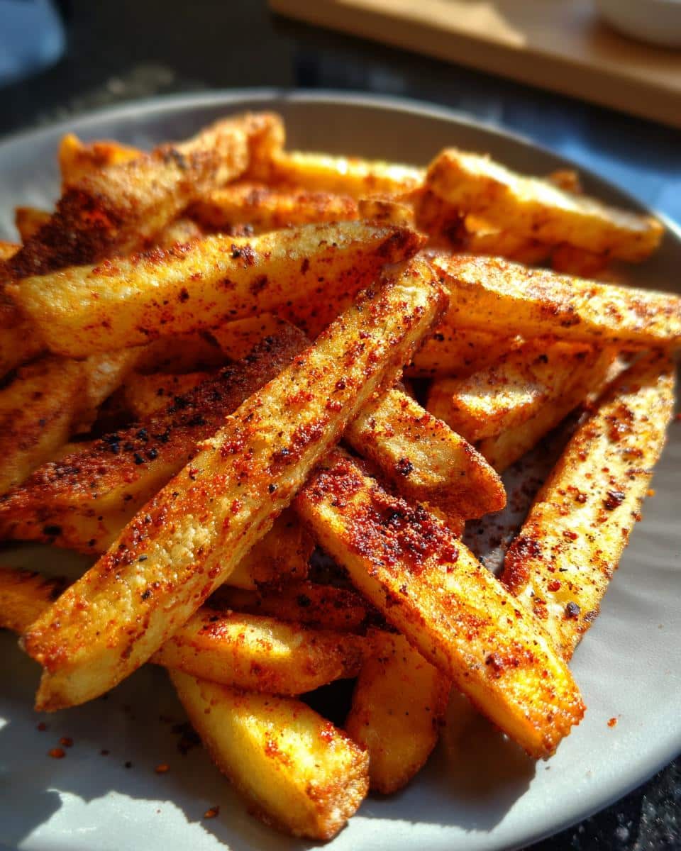 A close-up shot of a pile of golden-brown spicy Cajun air fryer fries seasoned with red spices.