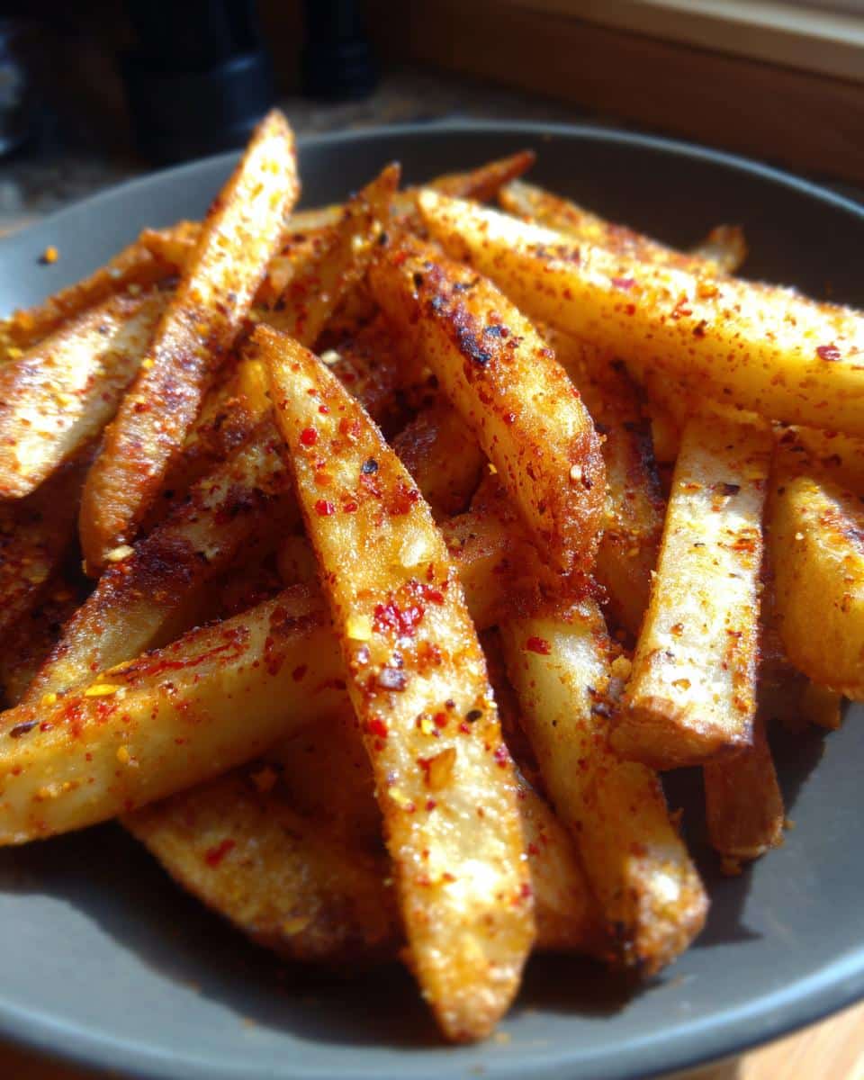 A close-up of a bowl filled with perfectly cooked spicy Cajun air fryer fries, dusted with seasoning and chili flakes.