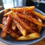 A close-up of a bowl filled with crispy, golden spicy Cajun air fryer fries dusted with seasoning.