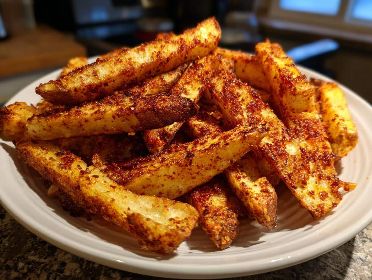 A close-up of a pile of crispy, golden spicy Cajun air fryer fries seasoned with a red spice blend.