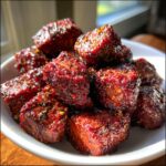 Close-up of juicy, bite-sized spicy Cajun air fryer steak pieces seasoned with red pepper flakes and herbs.