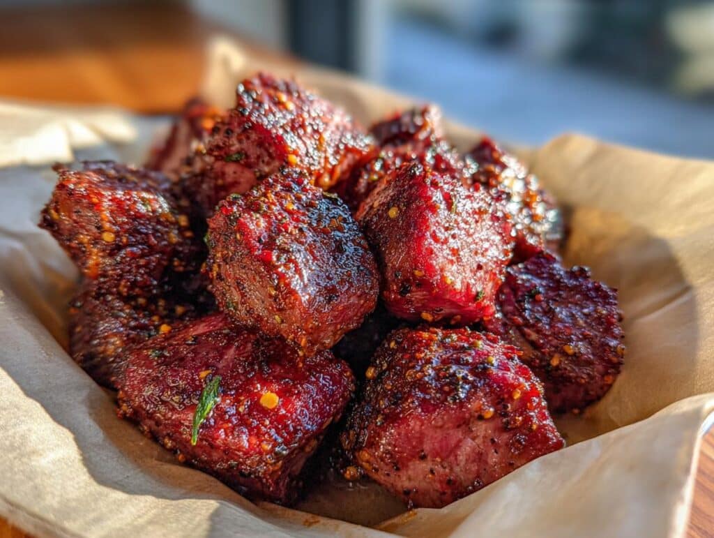 Close-up of juicy spicy Cajun air fryer steak bites seasoned with herbs and spices.