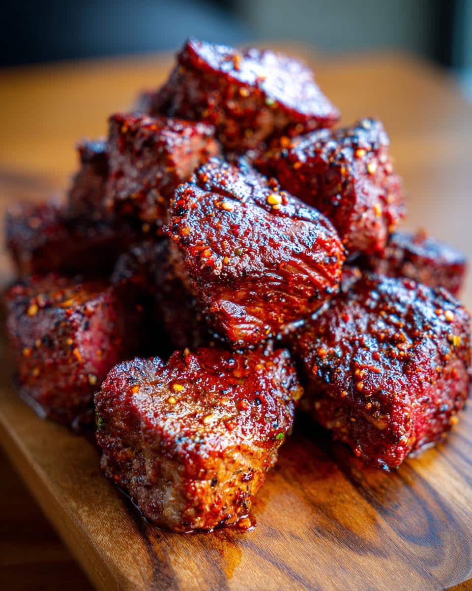 Close-up of juicy spicy Cajun air fryer steak bites piled on a wooden board.