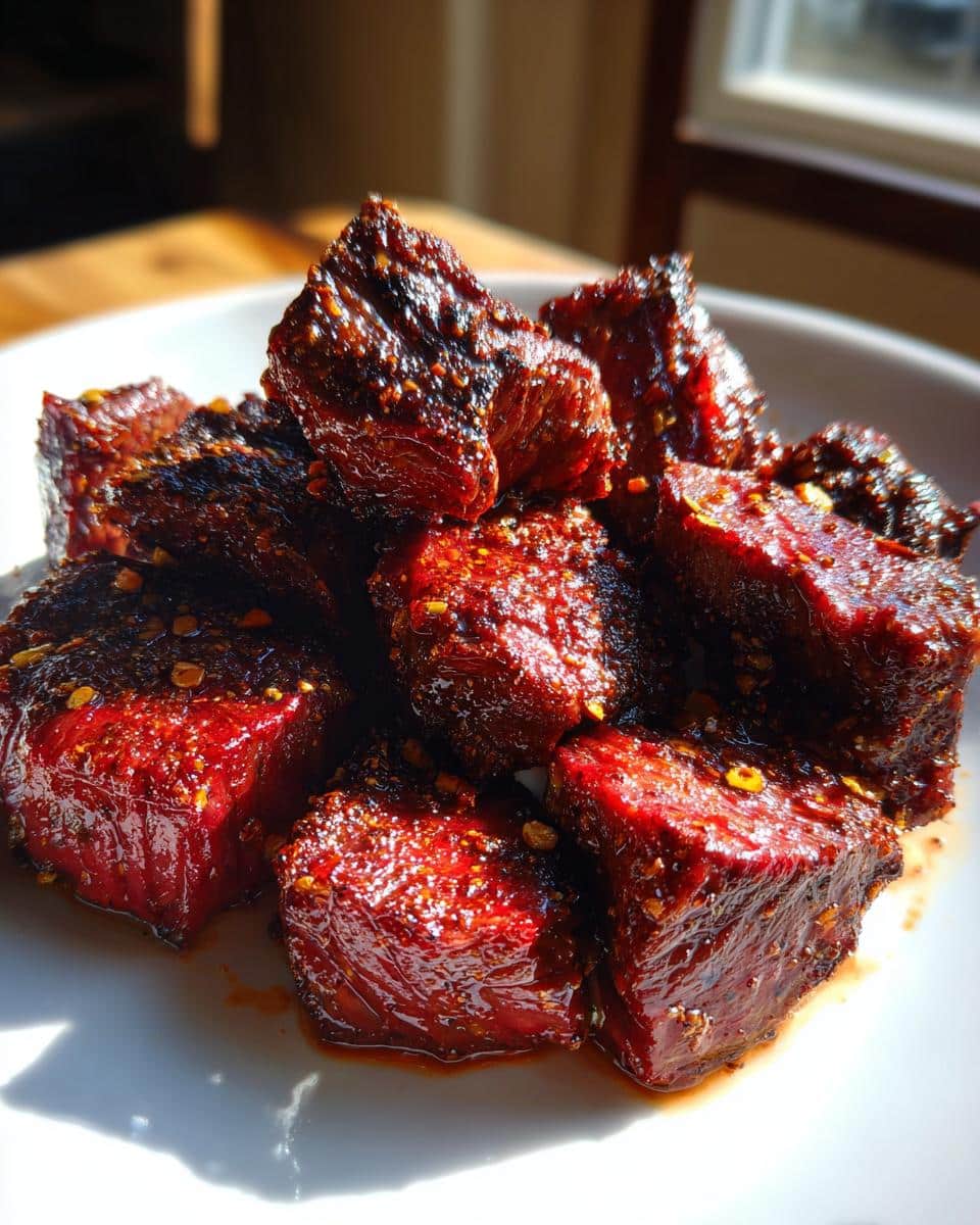 Close-up of juicy, bite-sized spicy Cajun air fryer steak, coated in a rich, red seasoning.